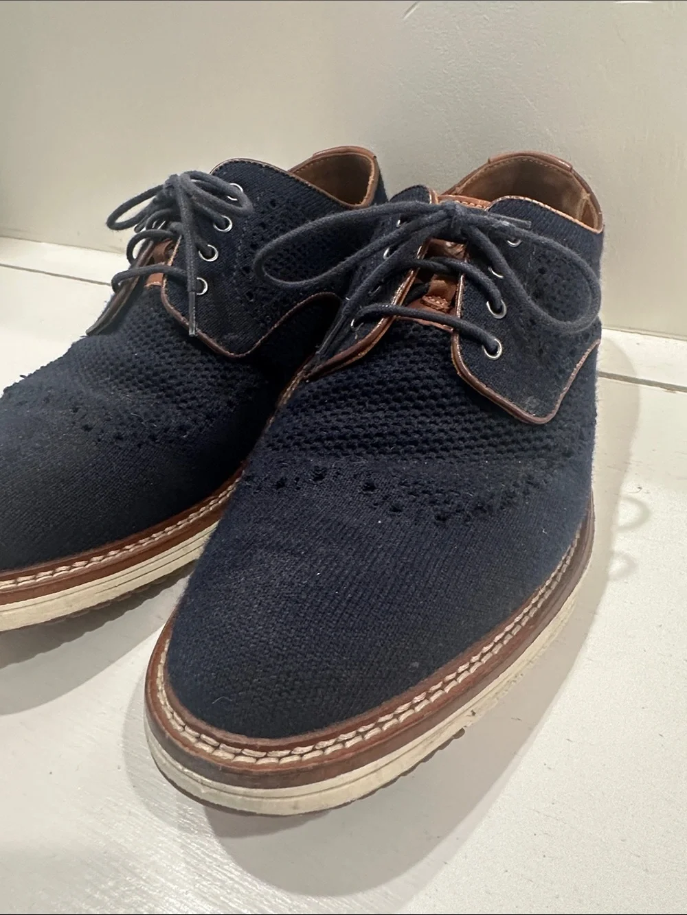 Johnston & Murphy Navy Knit Derby with Brown Leather Trim